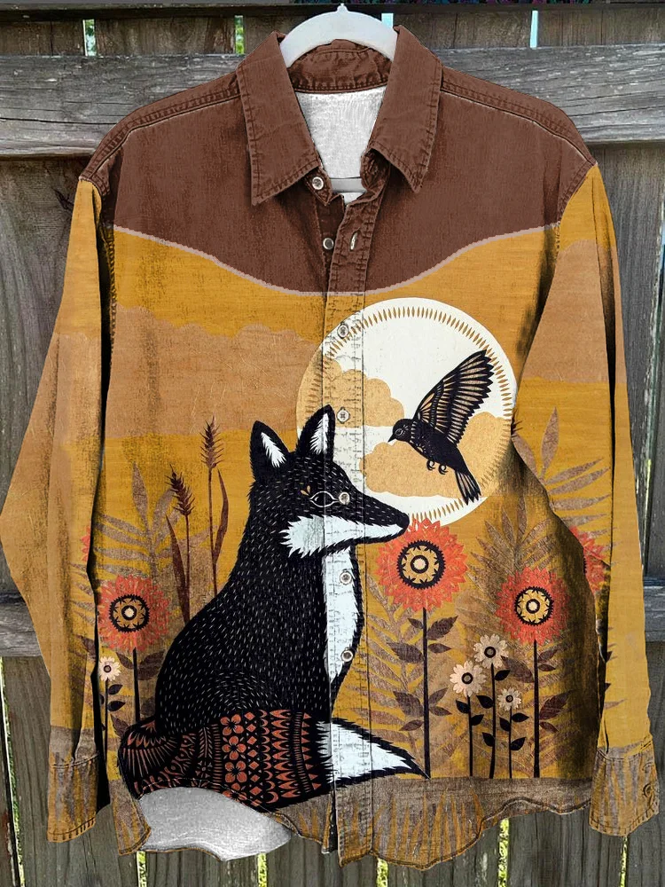 Vintage Fox Print Linen Blend Long Sleeve Shirt