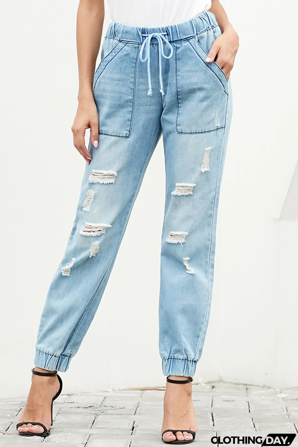 Sky Blue Distress Drawstring Pocketed Ripped Jean Joggers