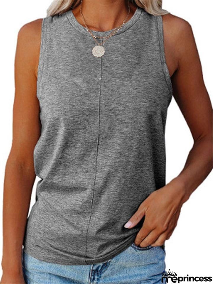 Relaxed Fit Round Neck Sleeveless Solid Color Tank Top