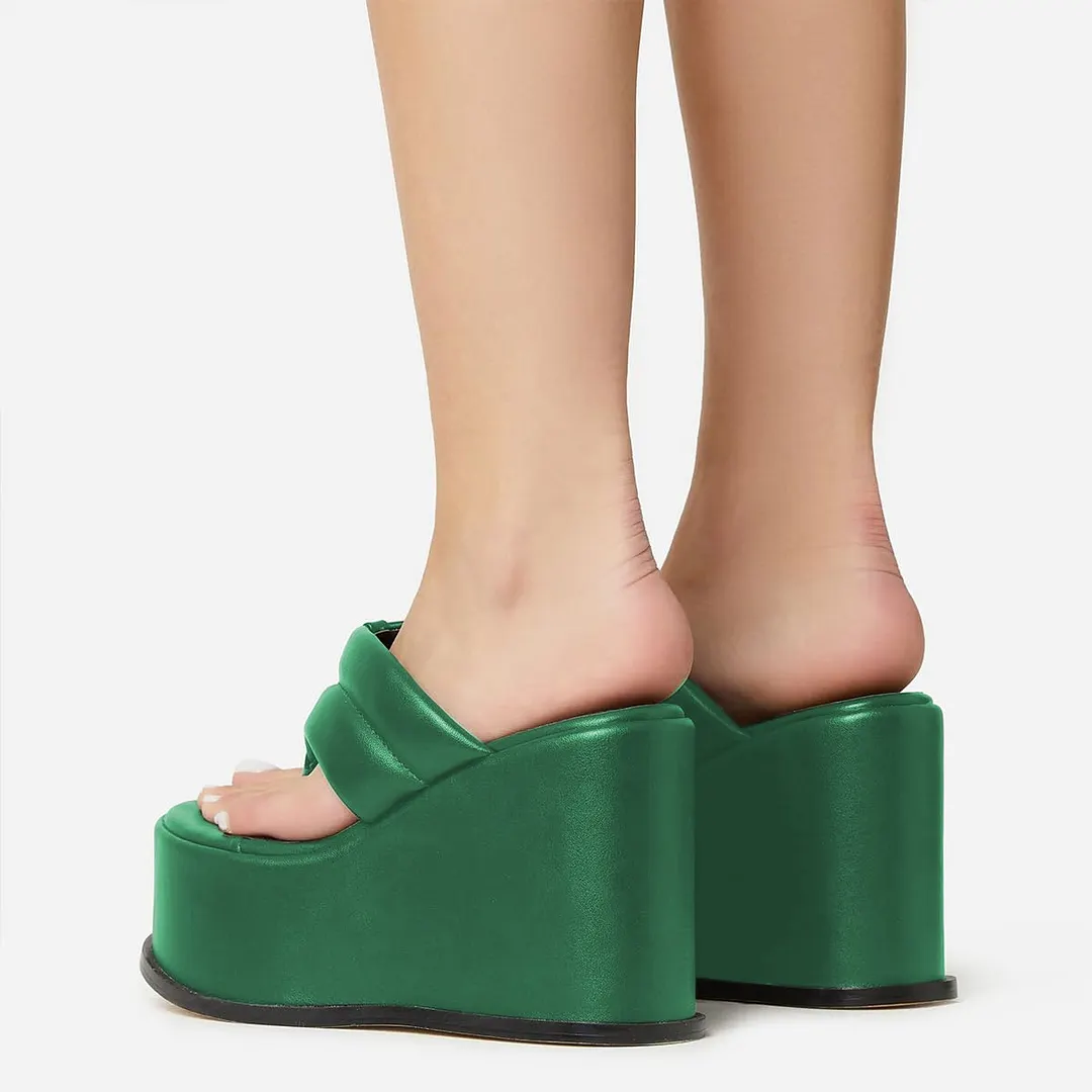 Green Open Round Toe Wedge Heel Platform Flip Flops Mules for Women