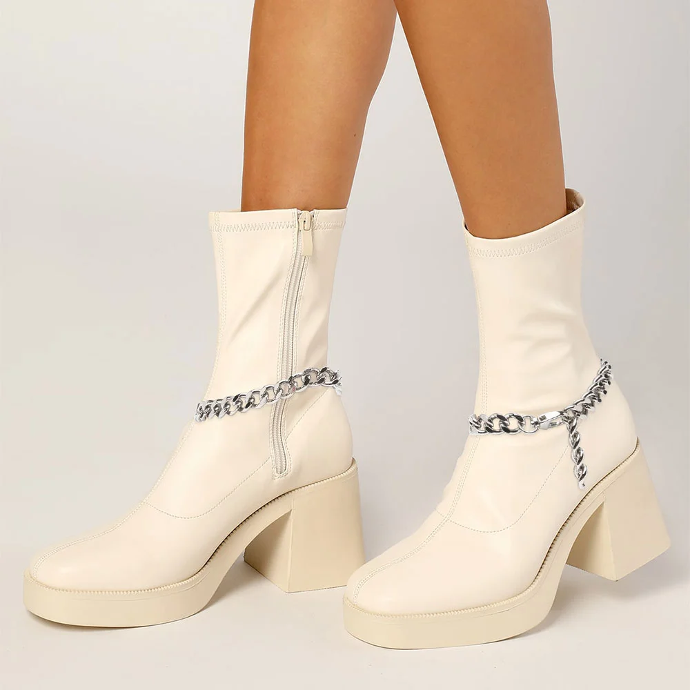 Leather Booties With Platorm White Chunky Heel Booties With Chain Decors Nicepairs