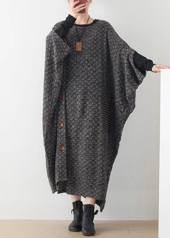 New gray wool dress plus size o neck asymmetric long dress