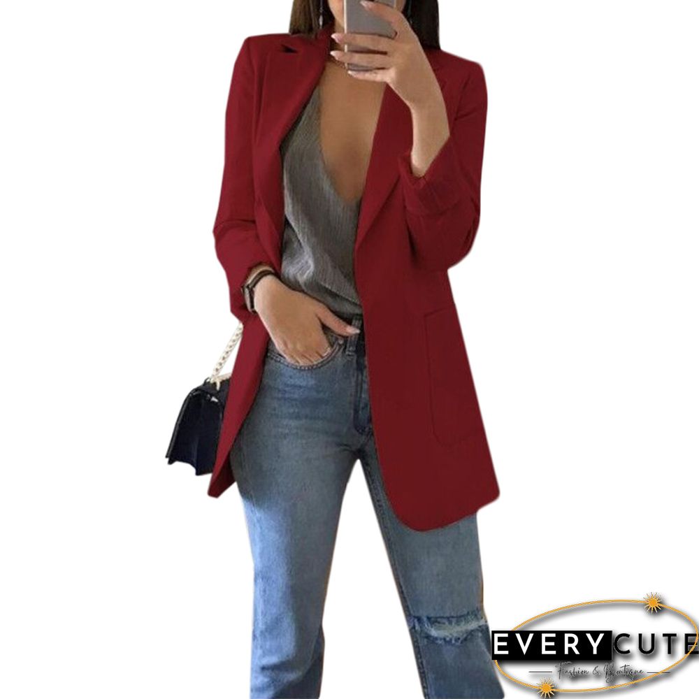 Wine Red Turndown Collar Blazer With Pockets