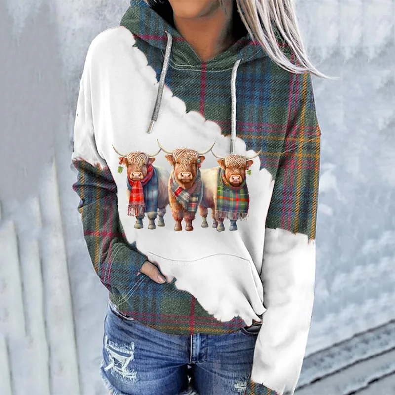 Women's Western Highland Cow Plaid Print Casual Hooded