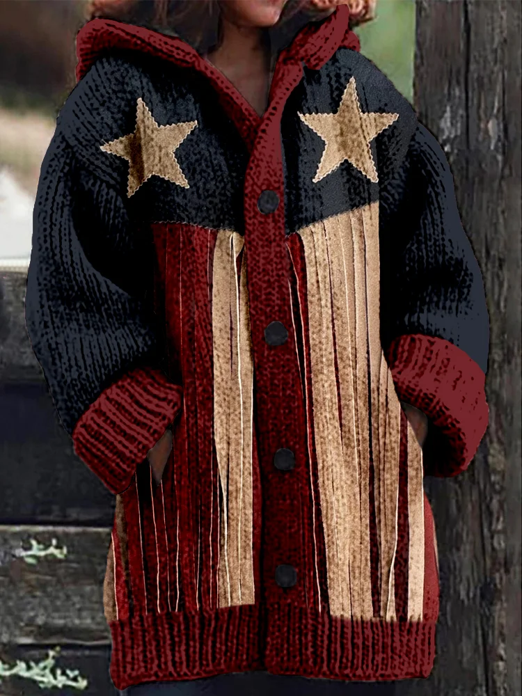 Comstylish Vintage USA Stars and Stripes Fringe Inspired Hooded Cardigan