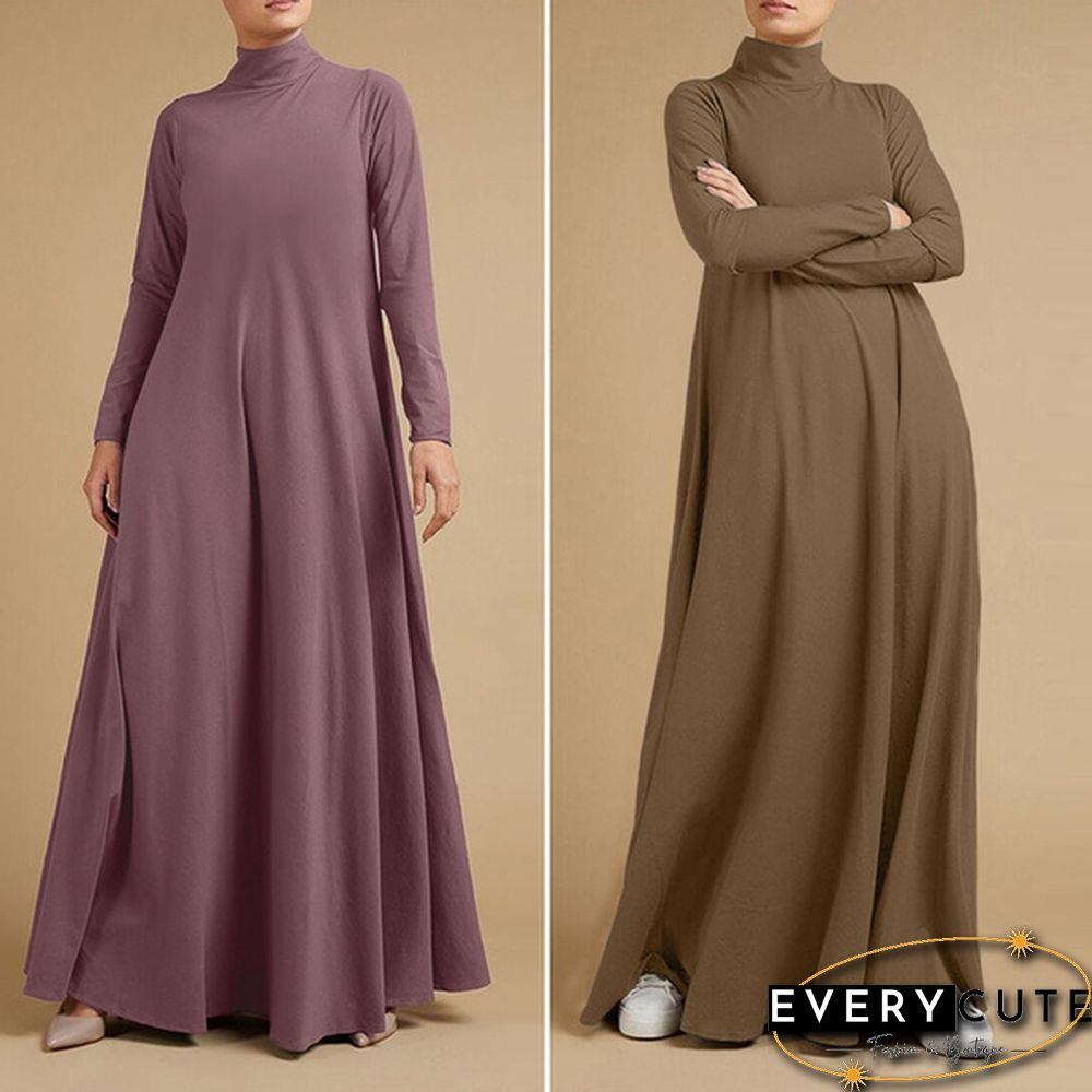 Women Autumn Elegant Plain Kaftan Long Shirt Dress Turtleneck Loose Full Sleeve Midi Dress Plus