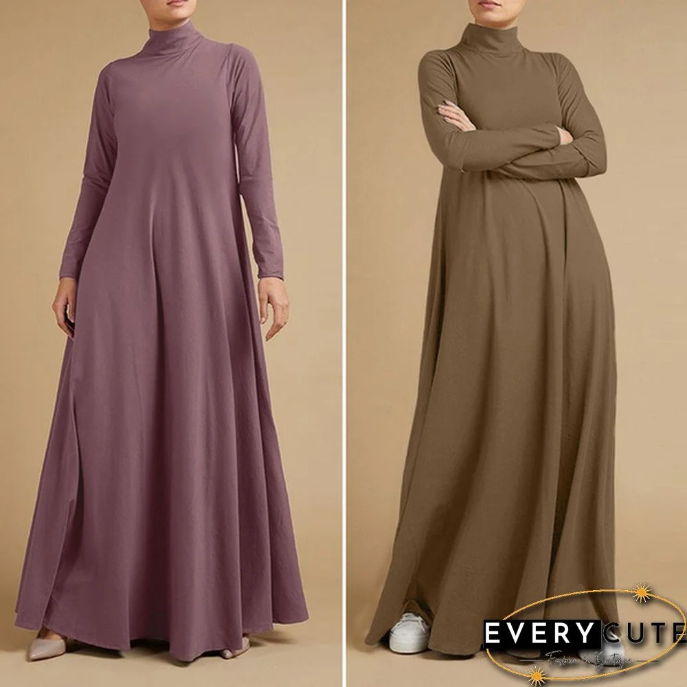 Women Autumn Elegant Plain Kaftan Long Shirt Dress Turtleneck Loose Full Sleeve Midi Dress Plus