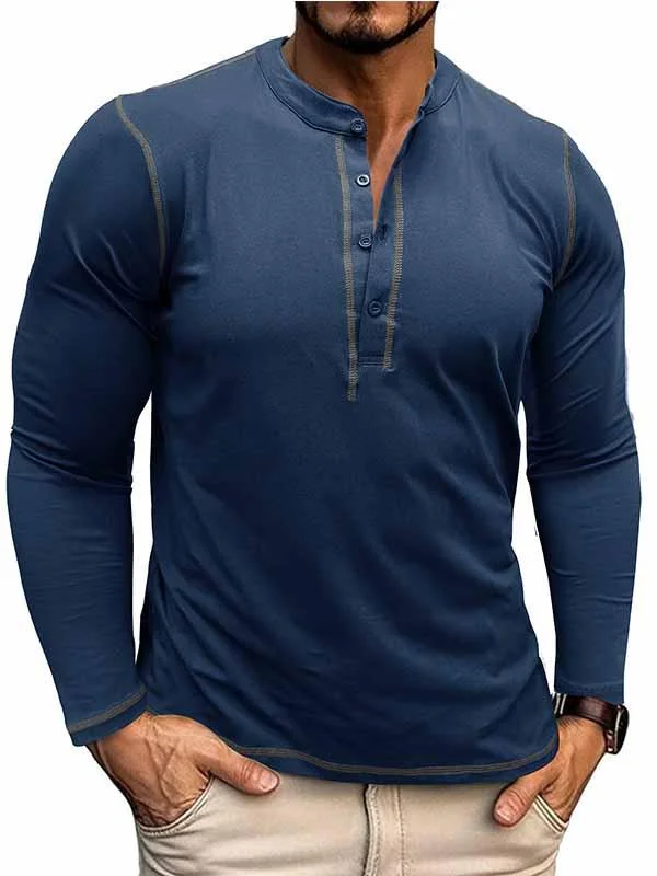 Men's Retro Crew Neck 100% Cotton Long Sleeve Henley Shirt