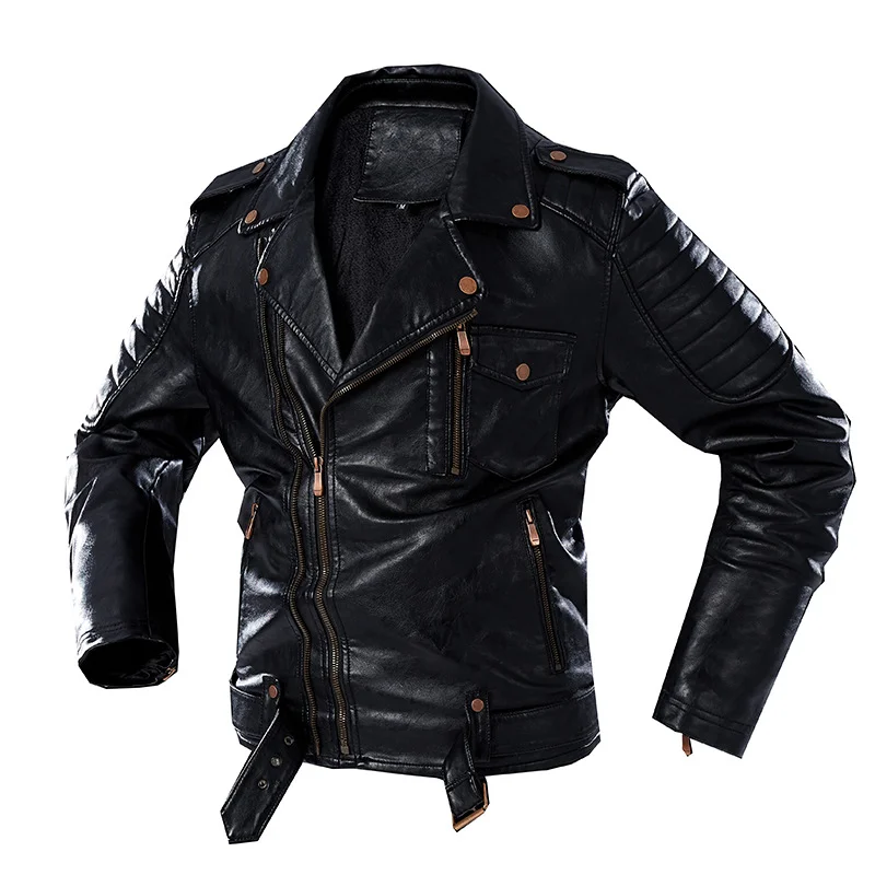Men's Old Retro Motorcycle Zipper Design Plus Velvet Leather Jackets