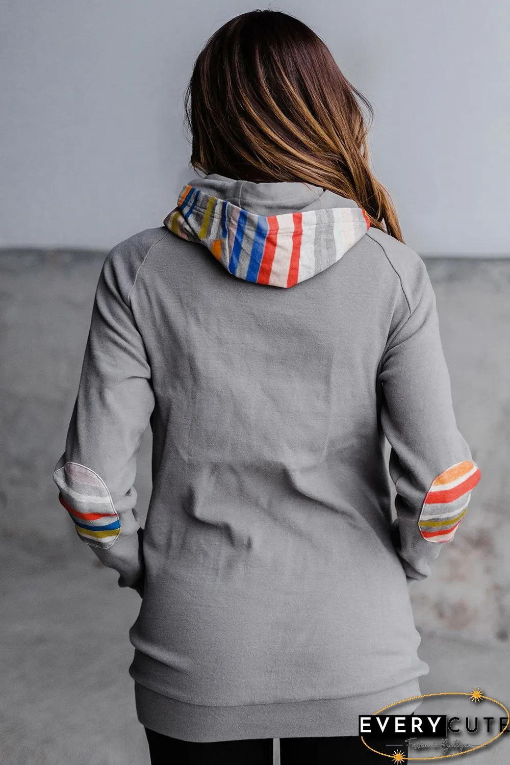 Rainbow Color Stripe Print Elbow Patch Hoodie