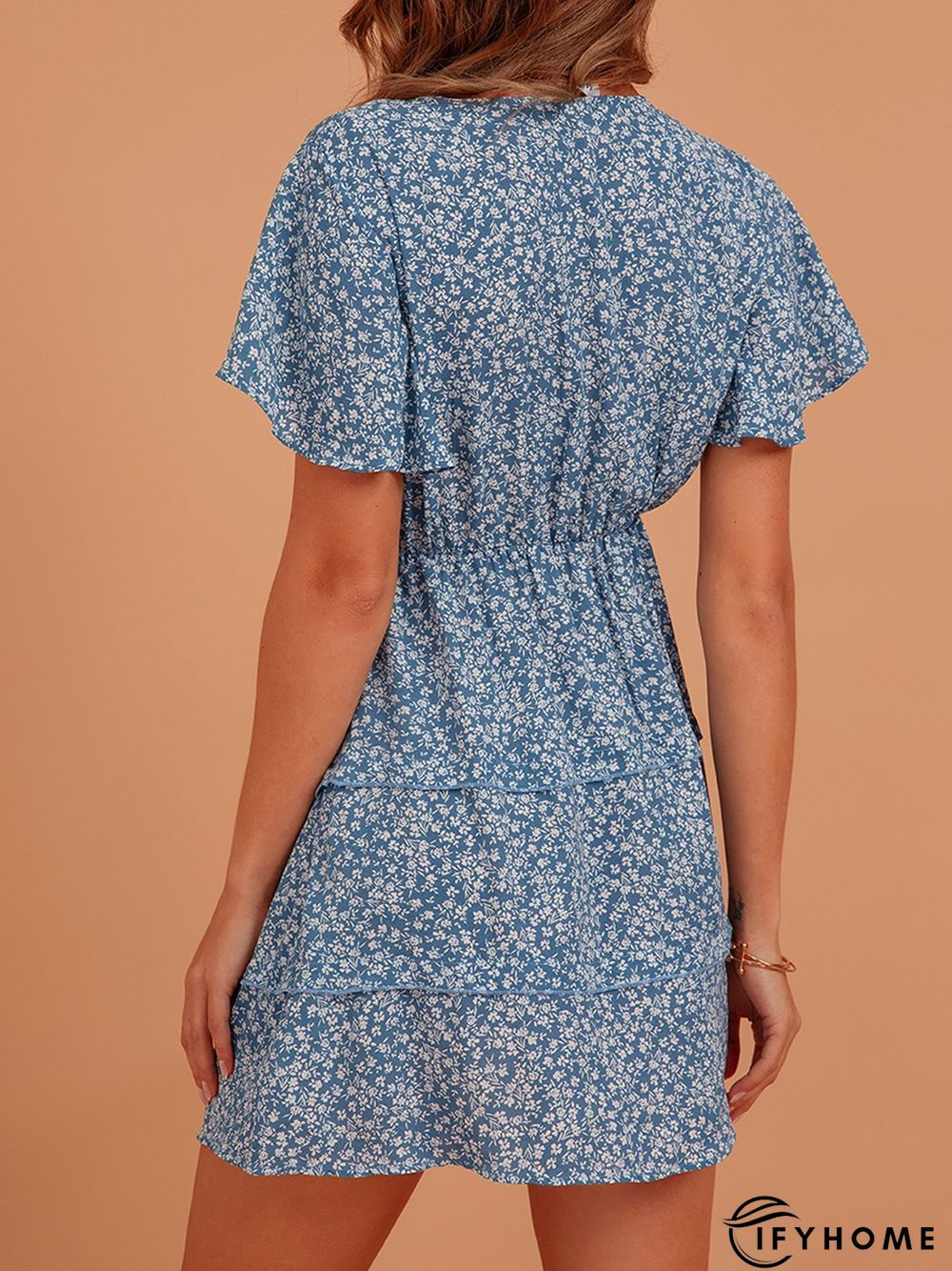Blue Sweet V Neck Silk-Chiffon Weaving Dress | IFYHOME