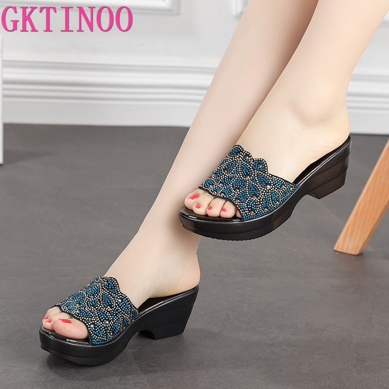 GKTINOO Large Size Women Sandals Summer 2021 Fashion Female Genuine Leather Slippers Middle - aged Wedge Shoes Mother Slippers