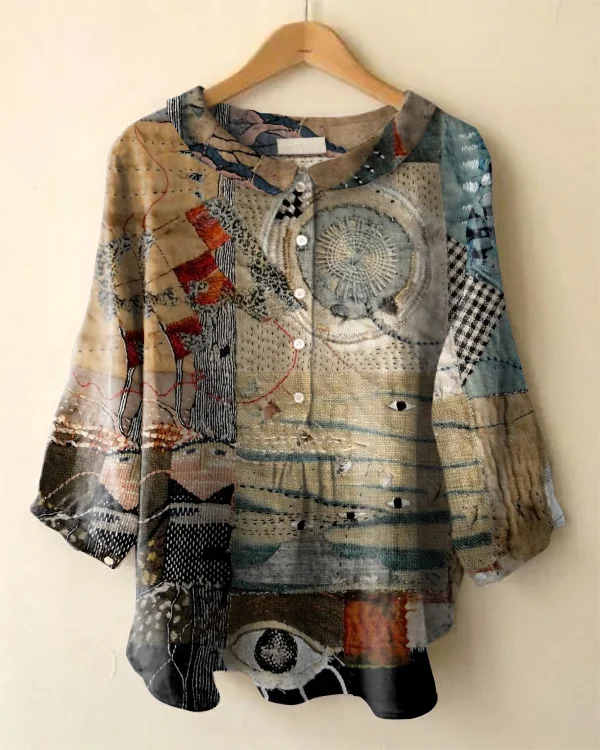 Vintage Long-sleeved Peter Pan Collar Patchwork Embroidered Print Shirt