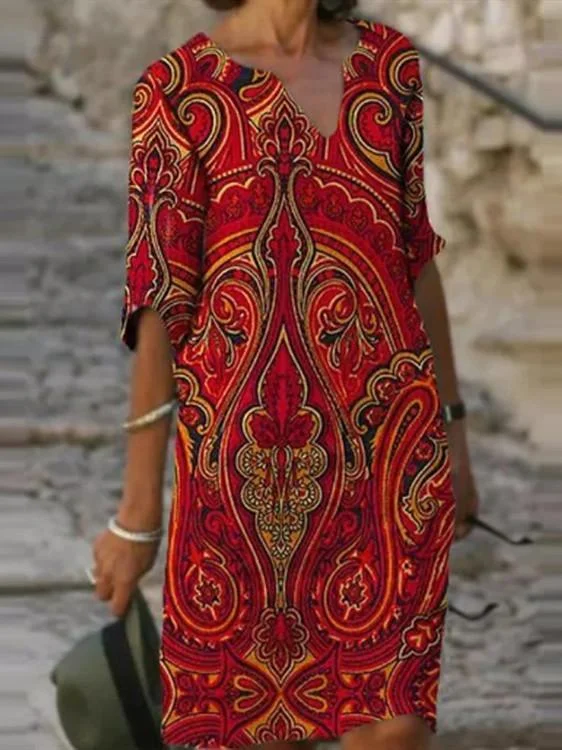 Retro print dress ladies casual