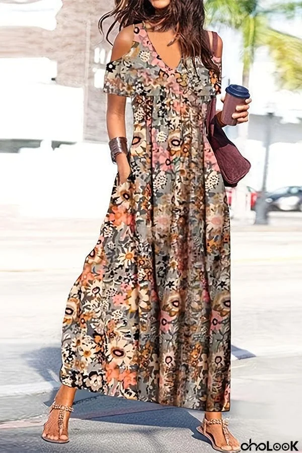 Ayden Plants Print Cold Shoulder Pocketed Flared Maxi Dress