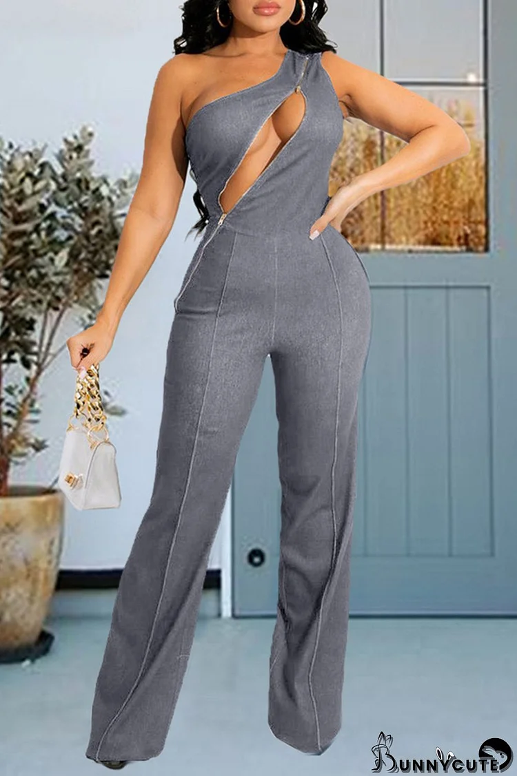 Grey Fashion Casual Solid Hollowed Out Split Joint Zipper Oblique Collar Regular Jumpsuits