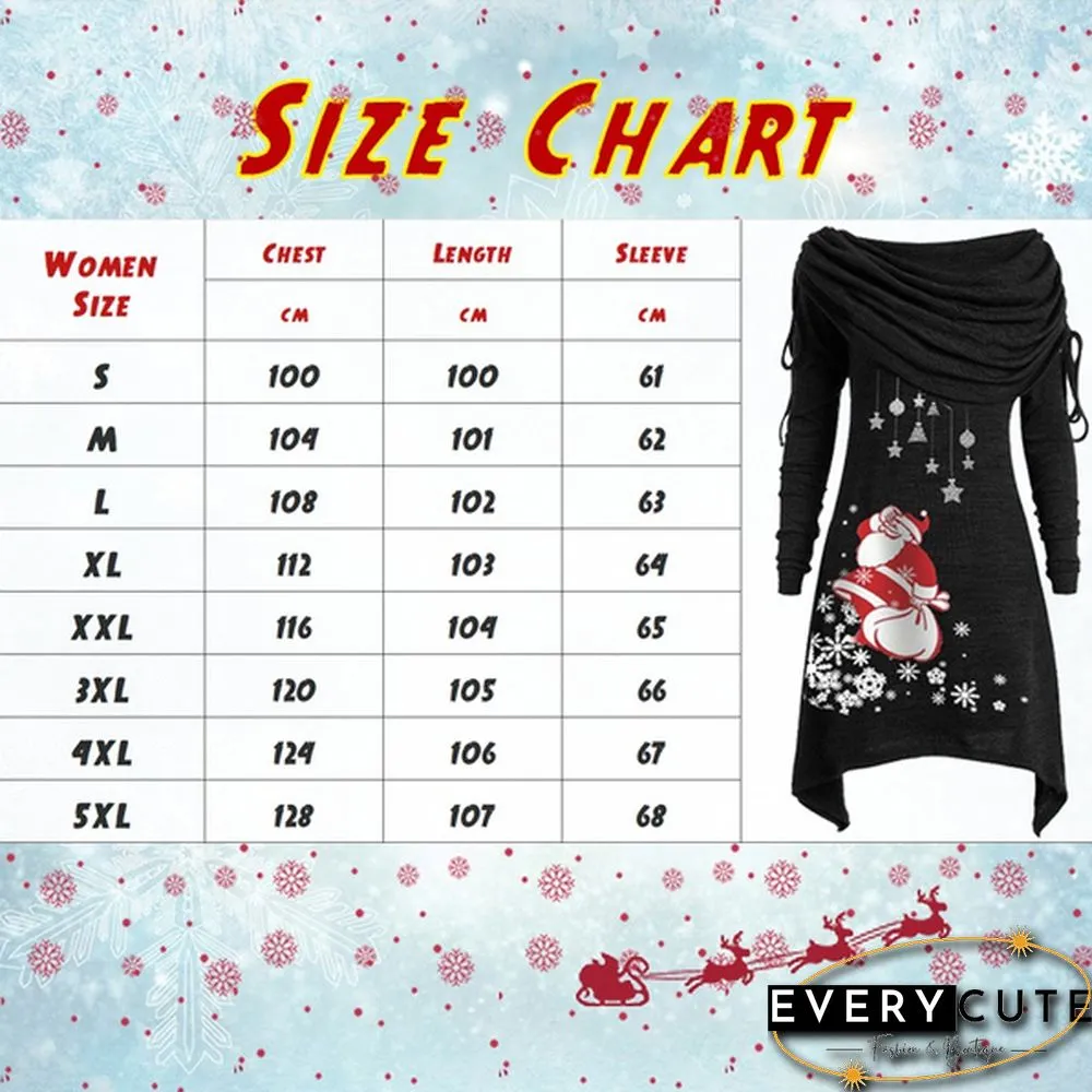 Womens Fashion Christmas Santa Claus Snowflake Print Ruched Foldover Collar Dress Cotton
