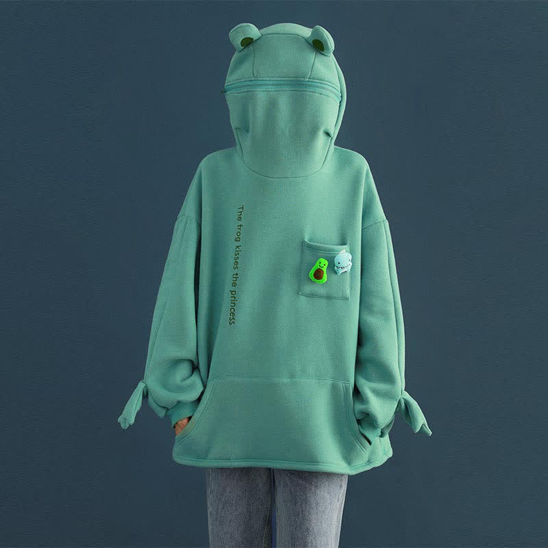 Frog Letter Zipper Pocket Oversized Hoodie THE FROG KISSES THE PRINCESS