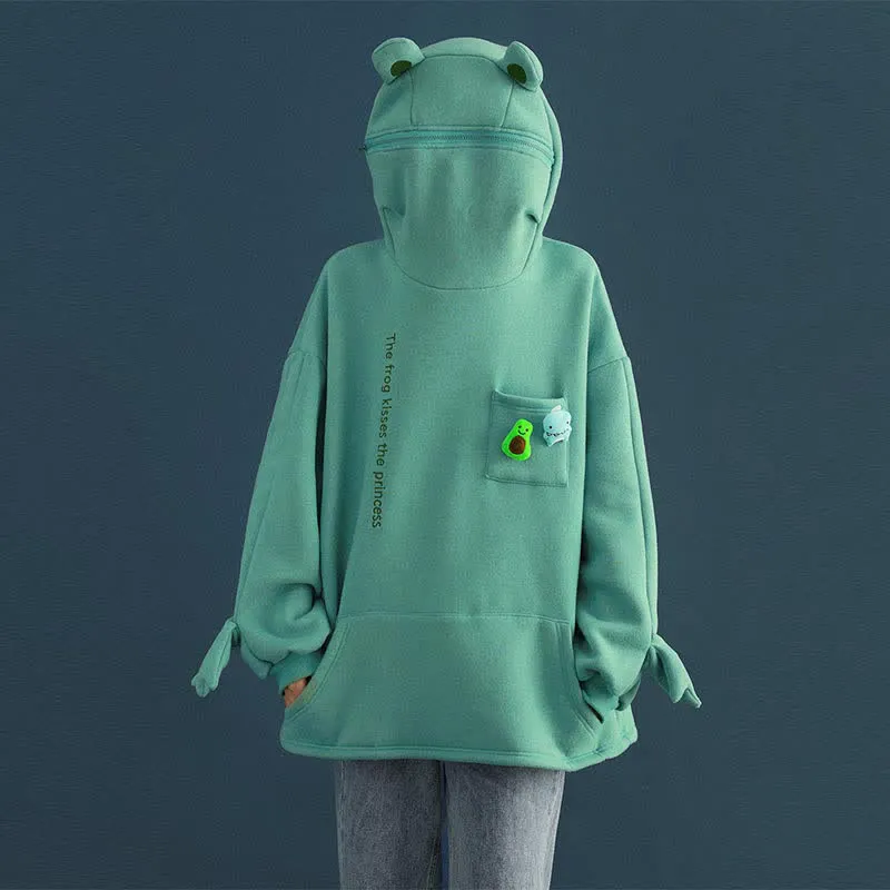 Frog Letter Zipper Pocket Oversized Hoodie THE FROG KISSES THE PRINCESS