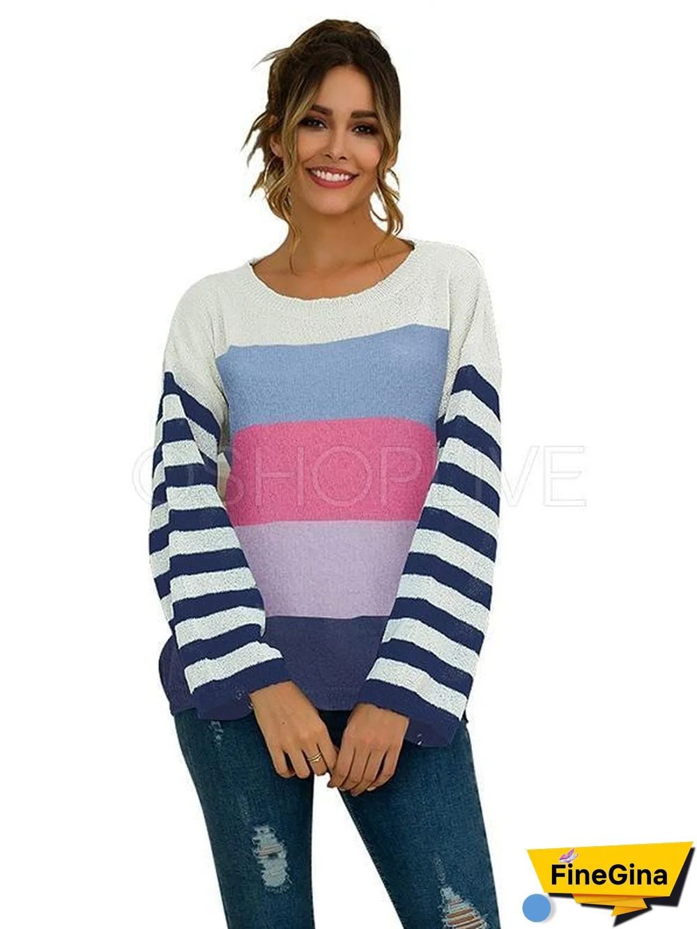 Striped Color-block Split-joint Knitting Sweater