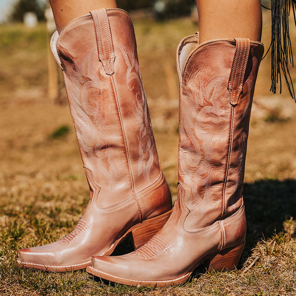 Heeled Embroidered Blush Pink Mid Calf Cowgirl Boots for Women Nicepairs