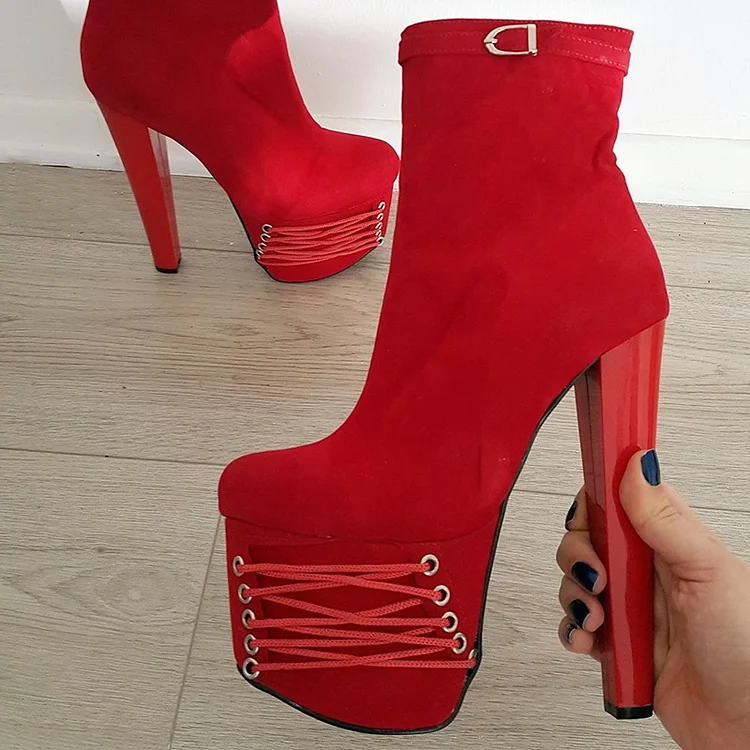 Red Chunky Heel Platform Boots Suede Ankle Booties Vdcoo