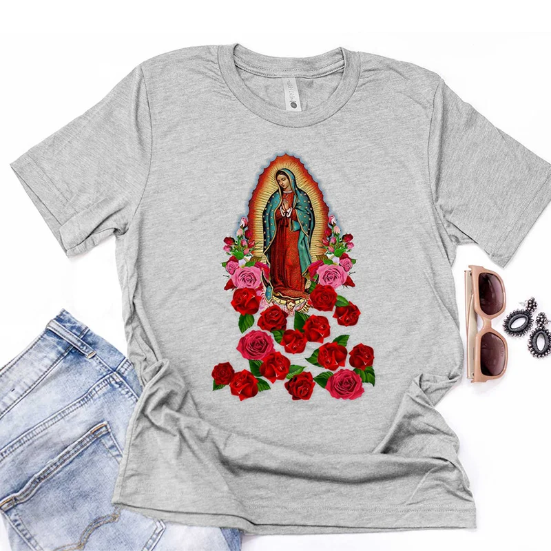 Religious Women Tshirt Cotton Virgin Mary T Shirt Causal Our LadyOf Guadalupe Tshirt Saint Christian Clothes Catholic T Shirts