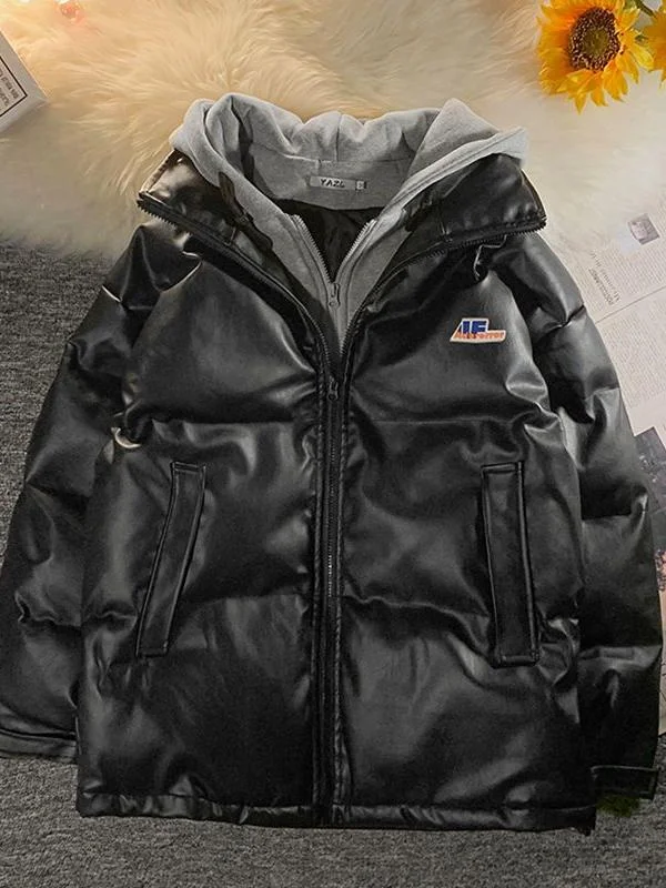Brownm PU leather quilted jacket with hood