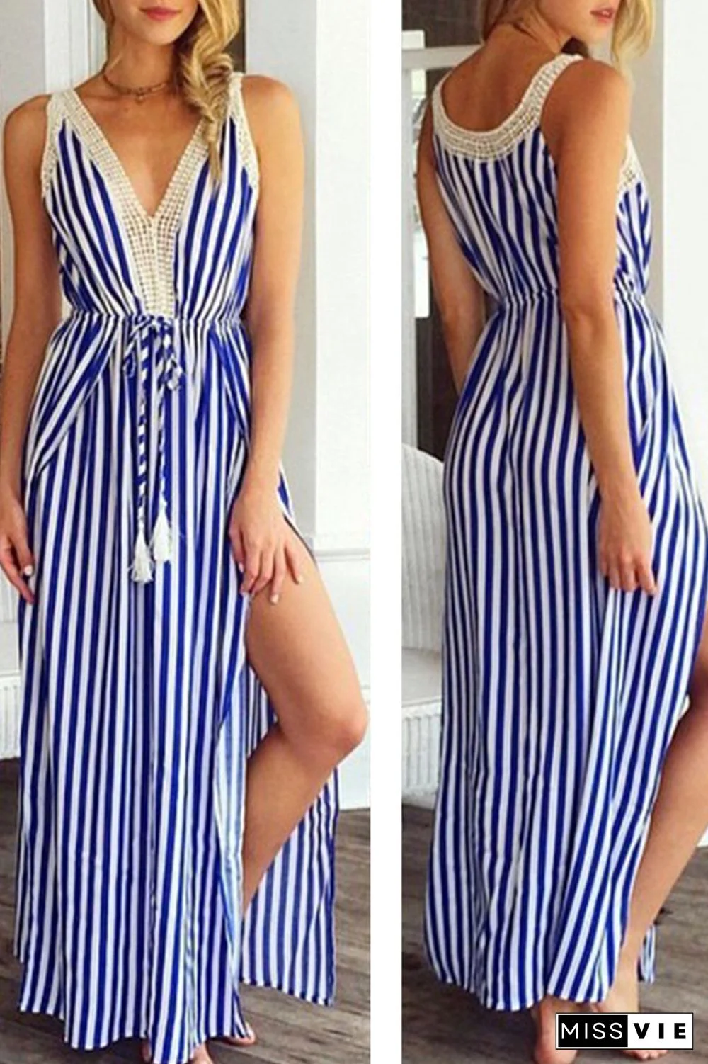 Casual Striped Patchwork V Neck Waist Skirt Dresses