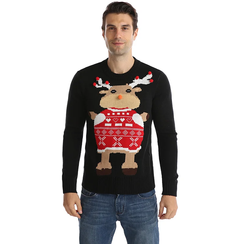Reindeer Print Men's Black Crew Neck Christmas Ugly Sweaters-VESSFUL