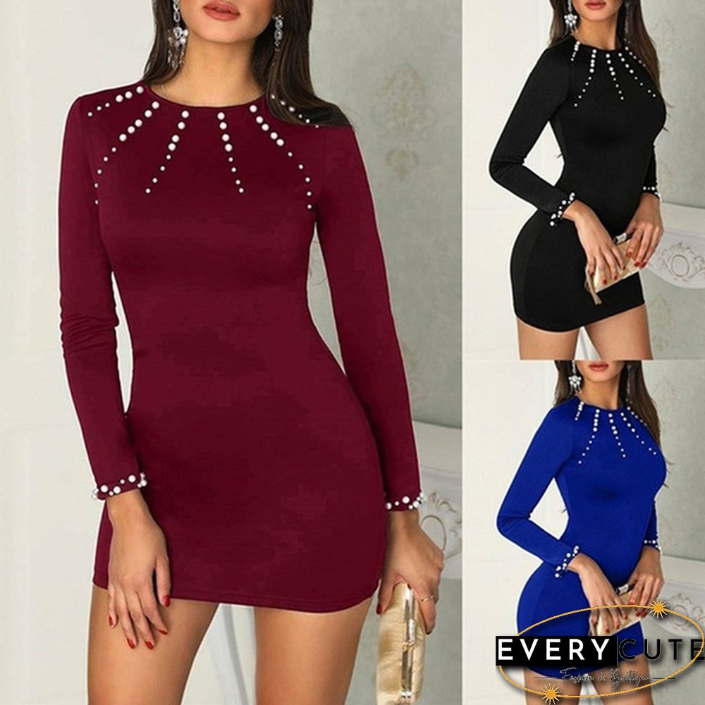 Women's Fashion Dress Spring New Temperament Round Neck Long Sleeve Bead Sexy Bodycon Dress
