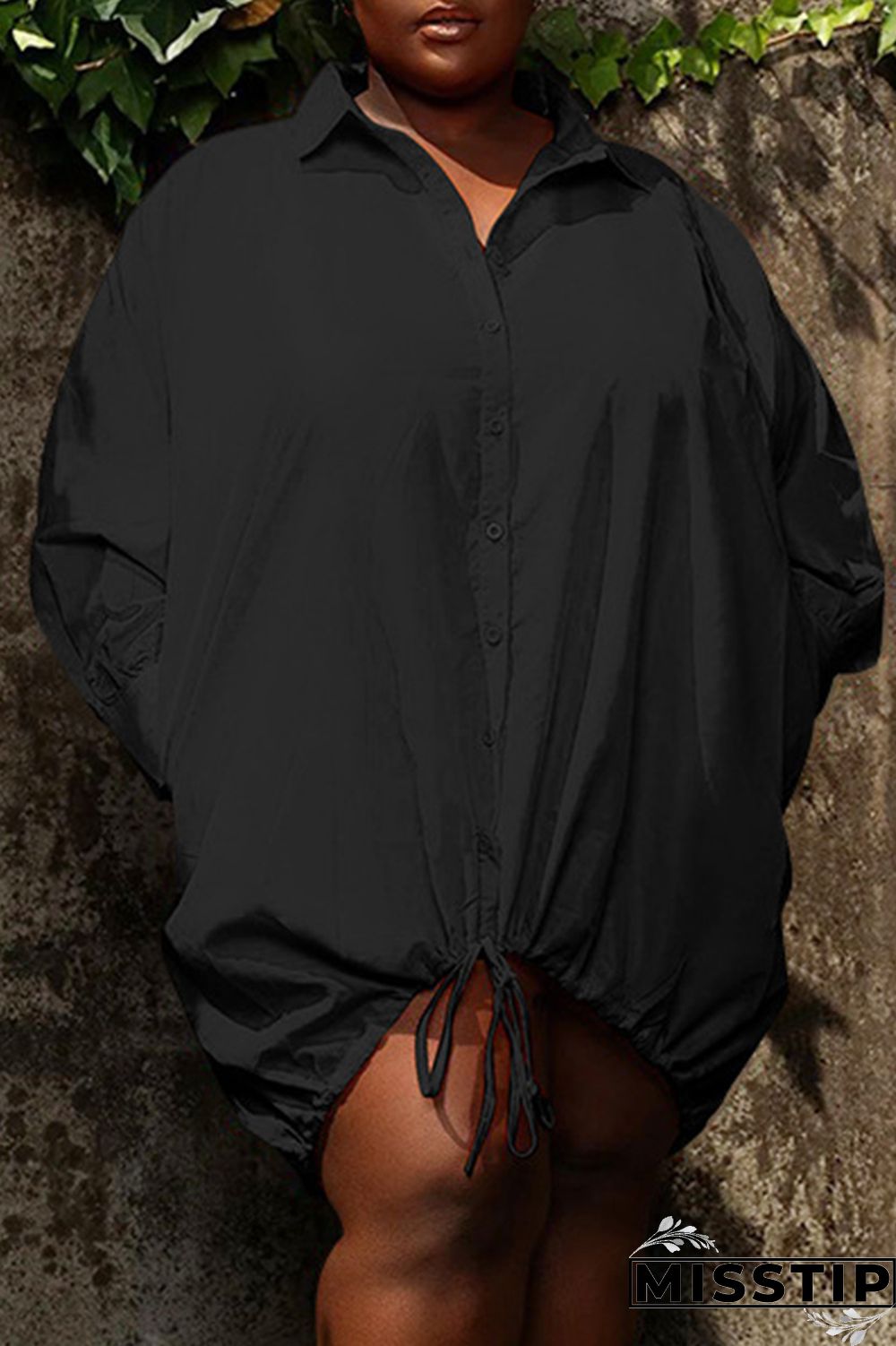 Black Casual Plus Size Solid Patchwork Turndown Collar Shirt Dress