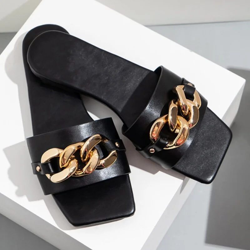 2021 Women Slippers Fashion Chain Decoratie Vierkante Open Toe Teen Platte Outdoor Personality Street Punk Woman Shoes