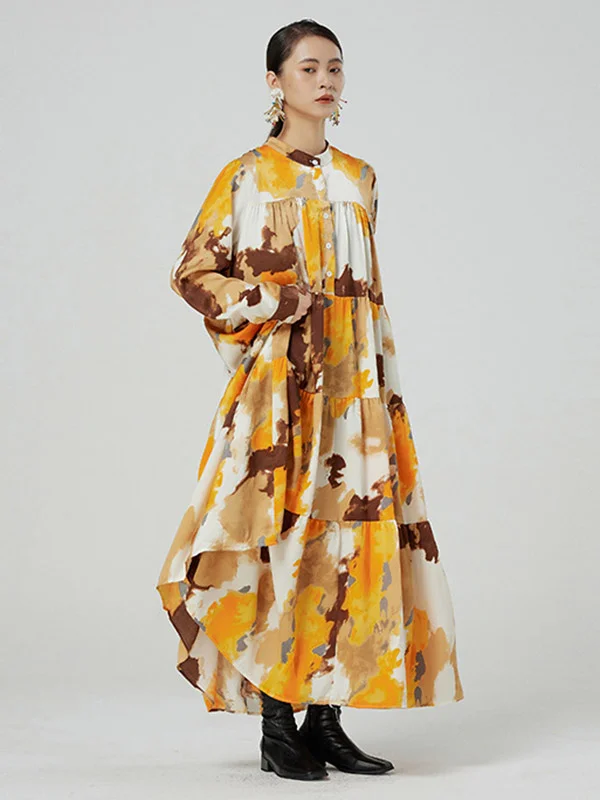 Original Graffiti Contrast Color Tie-Dyed Buttoned Pleated Stand Collar Long Sleeves Maxi Dress
