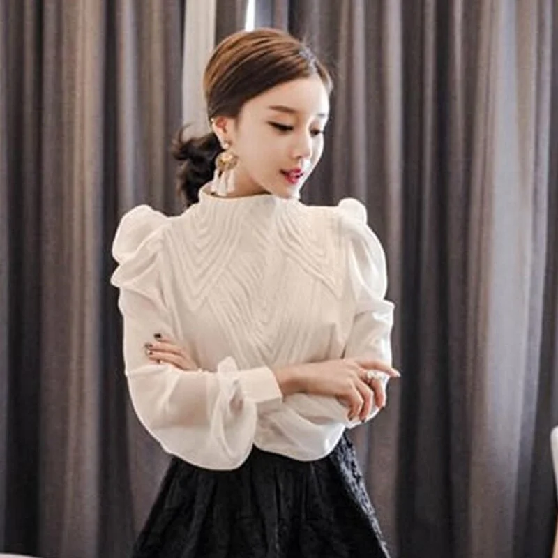 Vintage Stand Collar Puff Sleeve Women Shirts Elegant Office Lady White Chiffon Blouse Casual Tops Fashion Blusa Camisa