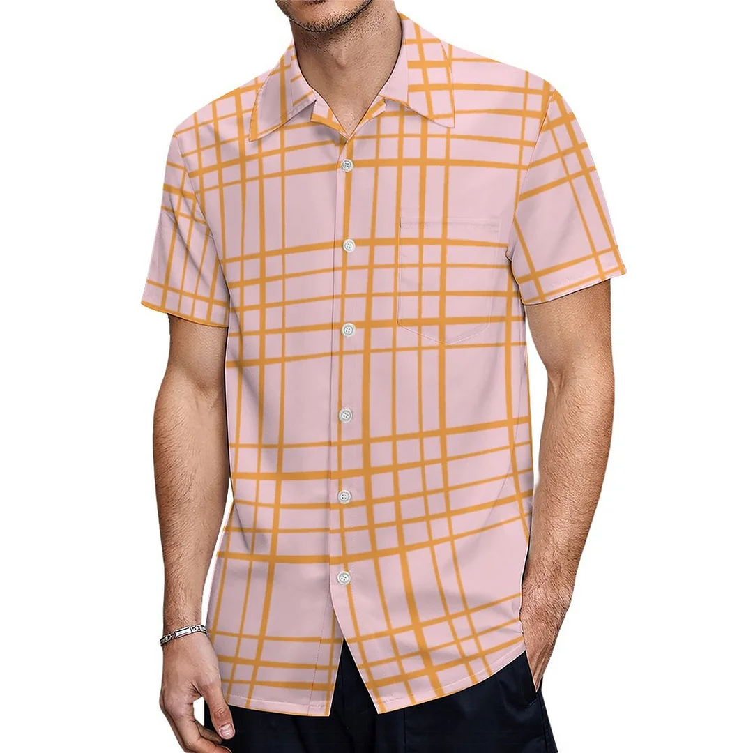 Short Sleeve Pink Orange Grid Lines Plaid Hawaiian Shirt Mens Button Down Plus Size Tropical Hawaii Beach Shirts