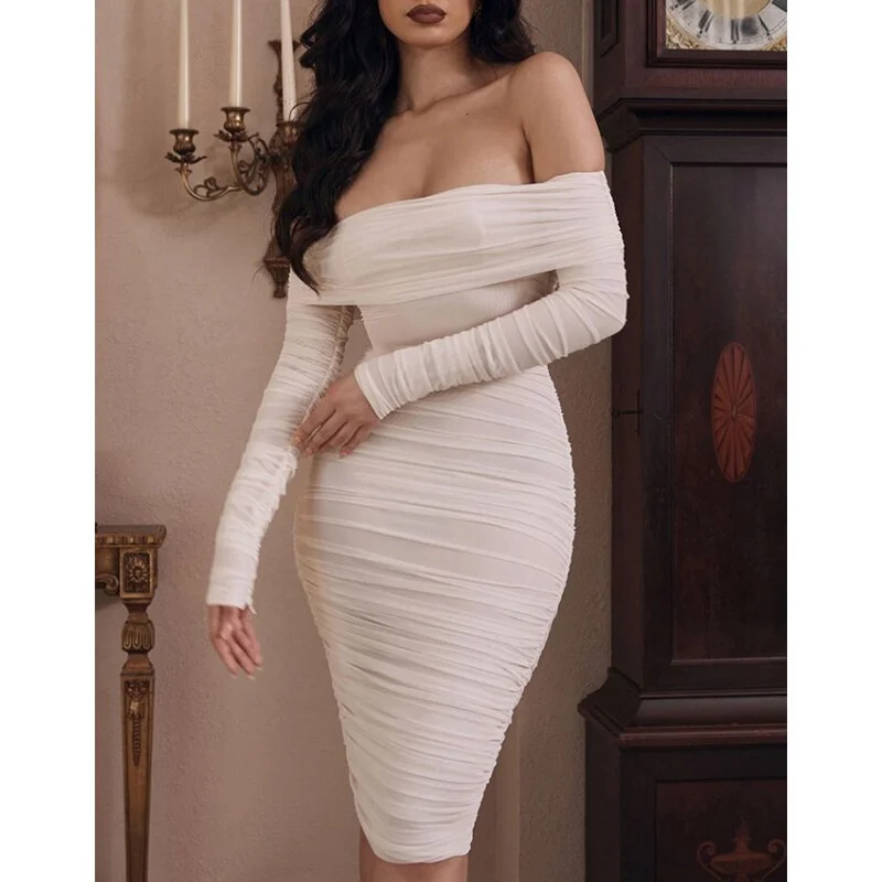 abebey  Double Layer Mesh Dress Autumn Women Pleated Long Sleeve Bandage Midi Dresses Off Shoulder Elegant Party Dress