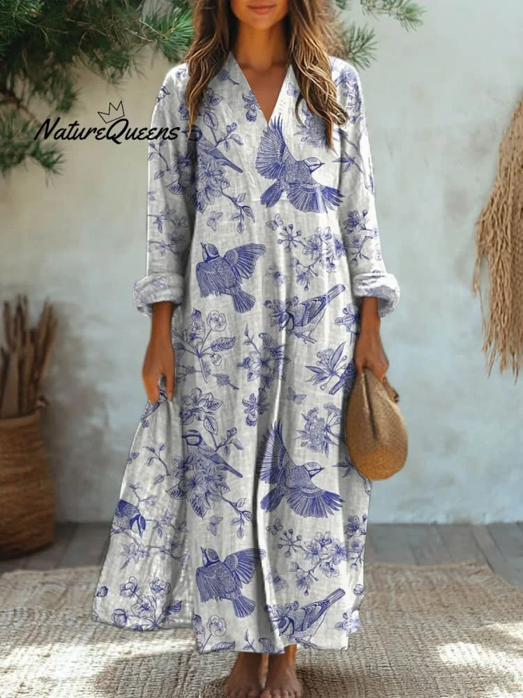 Women's Lovely Birds Floral Art Print Cotton Dress