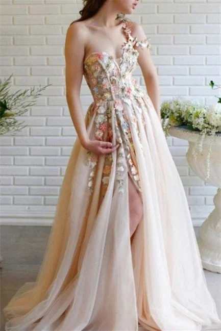 Bellasprom One Shoulder Prom Dress Tulle With Flowers Split