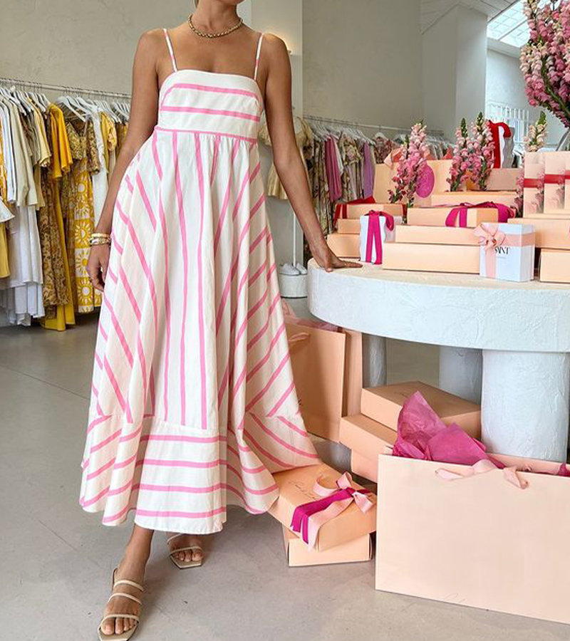 Rotimia Summer Pink Stripe Patch Work Slip Dress