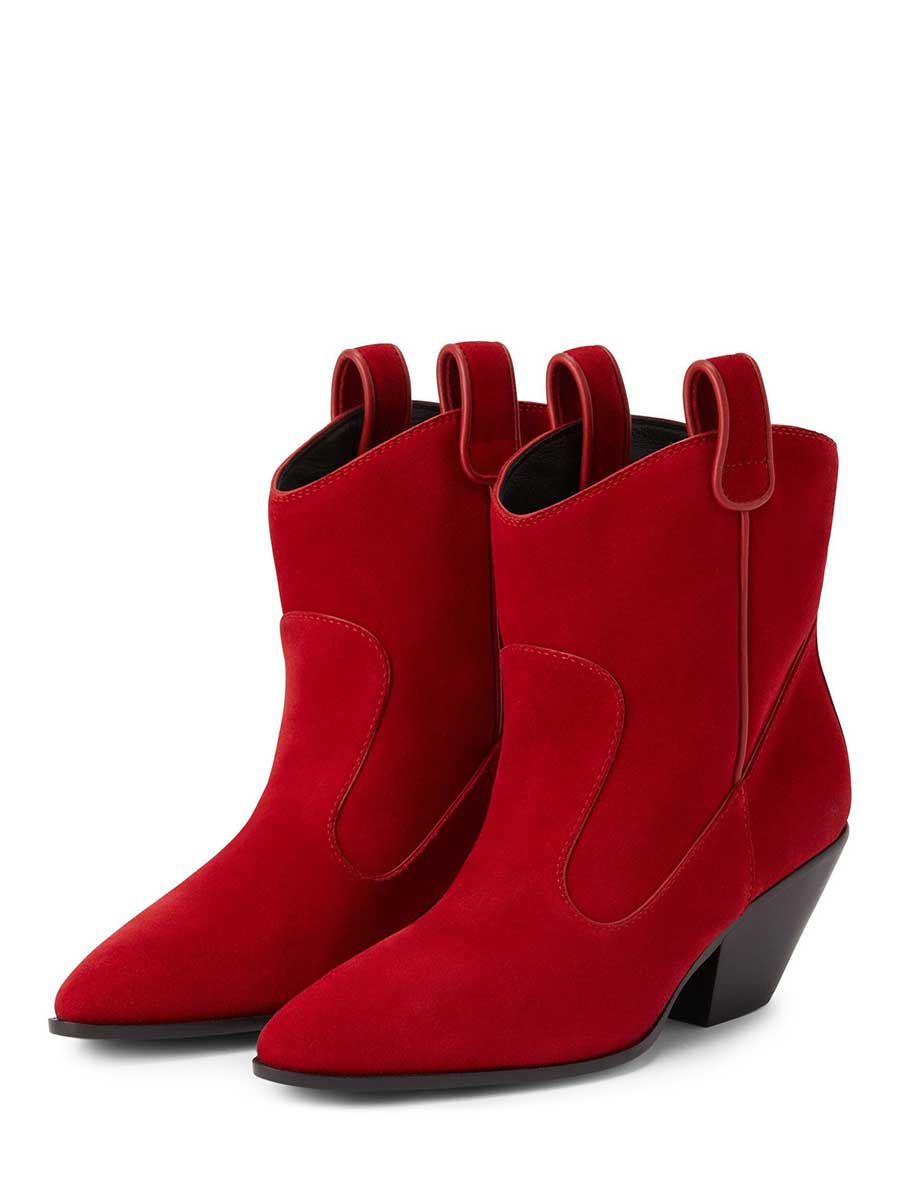 Red Vegan Suede Almond Toe Chunky Heel Pull-On Cowgirl Ankle Boots