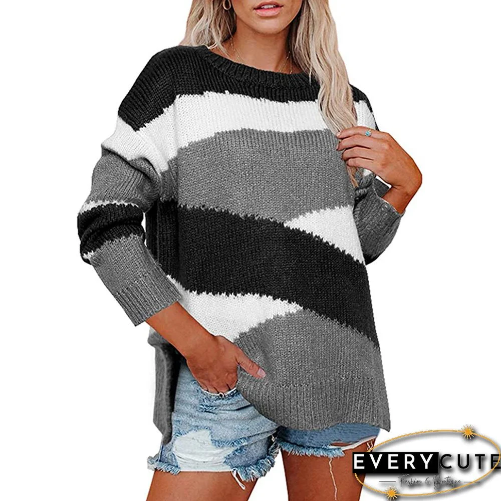 Gray Colorblock Striped Pullover Sweater