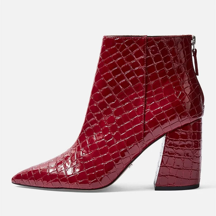 Red Textured Pointy Toe Block Heel Ankle Boots |FSJ Shoes