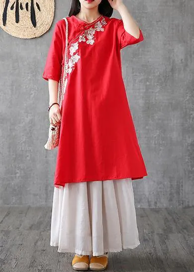 Chic red cotton dresses embroidery Chinese Button short  Dress
