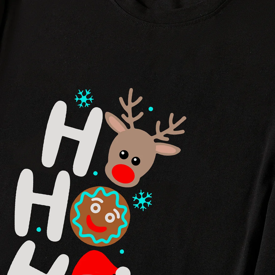 Christmas "HO HO HO" Text Print Black Long Sleeve Top with Green and Black Plaid Family Matching Pajamas
