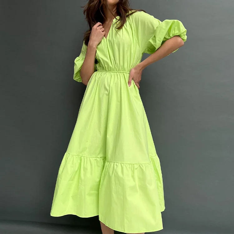 Casual Solid Puff Sleeve Maxi Dress