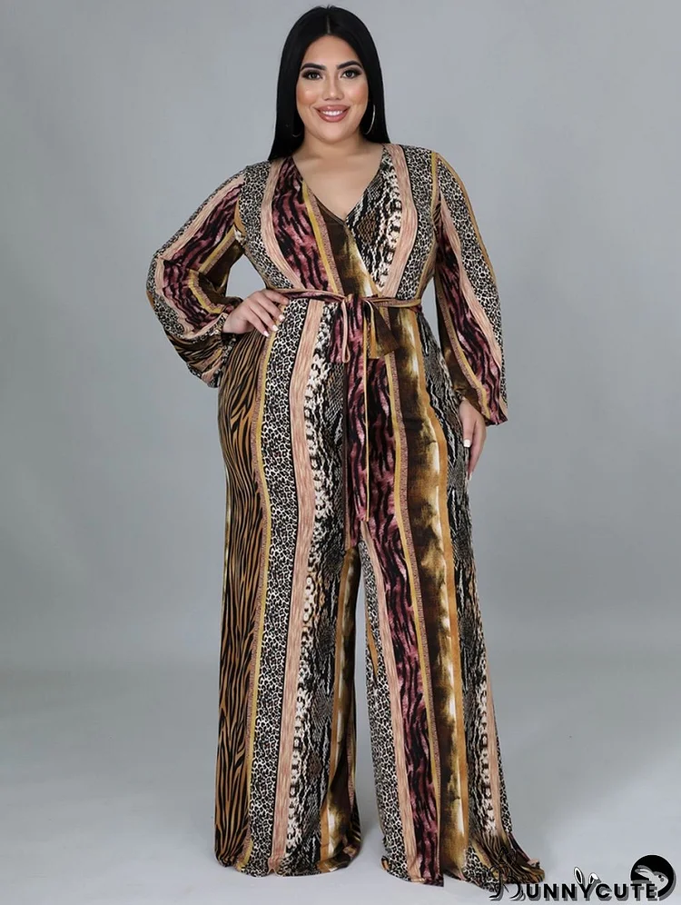 Autumn Plus Size Leopard Print V-Neck Formal Jumpsuit with Belt