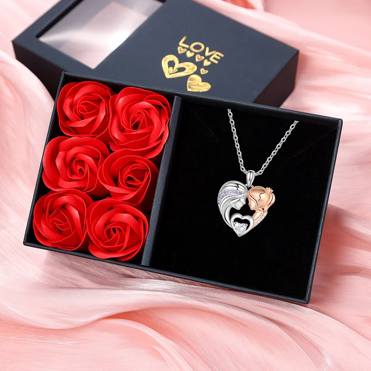 Mother and Daughter Necklace with Diamond Heart Pendant Necklace Set With Rose Box For Her