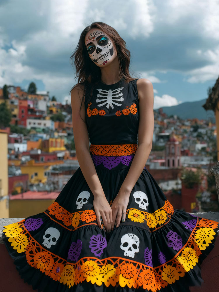 Comstylish Day Of The Dead Mexican Floral Embroidered Linen Maxi Dress