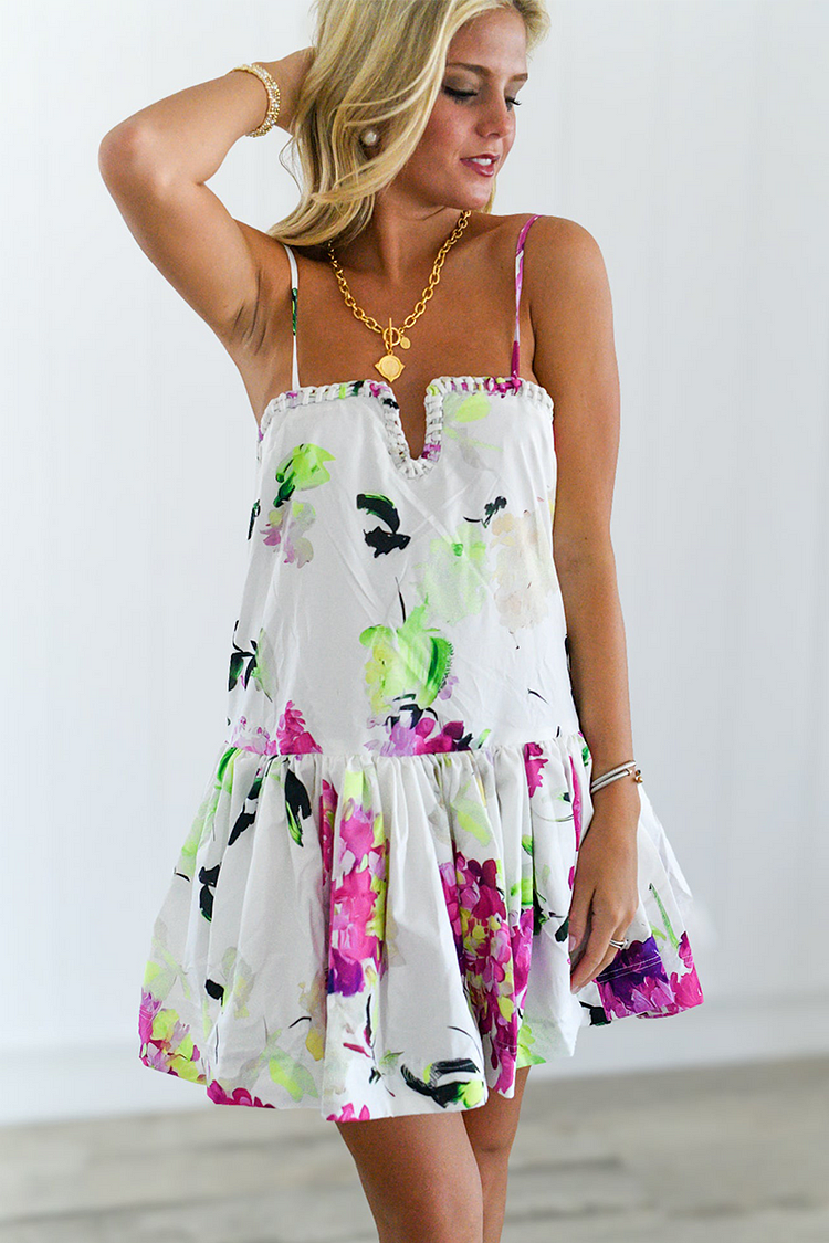 Floral Print Loose Fit A-Line Slip Mini Dresses-White [Pre Order]